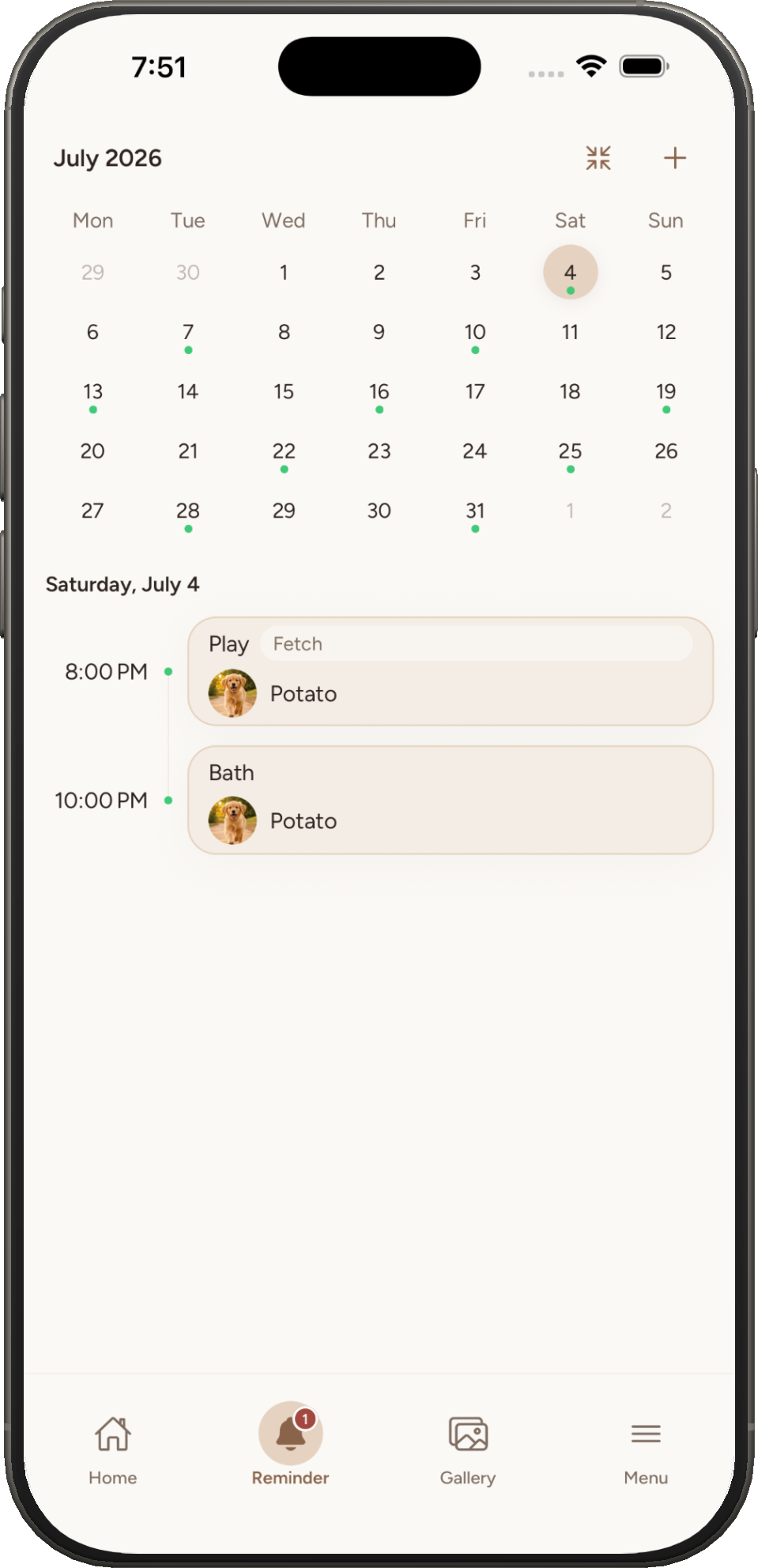 Palbook reminder calendar screen on iPhone